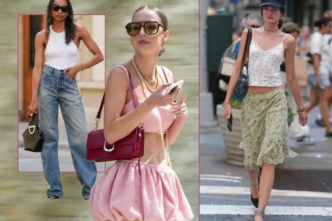 Trzy kobiety w stylizacjach inspirowanych y2k: jeansy i biały top, różowy komplet z bufiastą spódniczką, kwiecista sukienka i czapka.