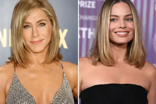 Jennifer Aniston i Margot Robbie prezentują stylowe fryzury półdługie włosy do ramion stopniowane, idealne dla każdej kobiety.