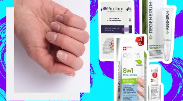 Dłoń z osłabionymi paznokciami obok produktów, w tym Eveline 8w1 i Regenerum – najlepsza odżywka do paznokci z apteki.