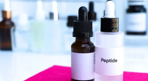 Dwie buteleczki z pipetkami, jedna z napisem "Peptide", sugerują zawartość peptydów miedziowych, kluczowych składników w pielęgnacji skóry.
