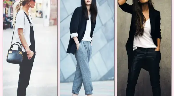 Trzy kobiety w stylizacjach inspirowanych stylem clean girl: w ogrodniczkach, dresach i skórzanych spodniach.