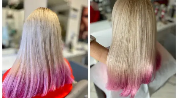 Długie, blond włosy z różowym ombre, po zabiegu krioterapii włosów wyglądają na zdrowsze i lśniące.