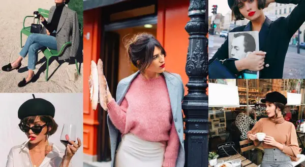 Kobiety w beretach i stylowych płaszczach, uosabiające paryski szyk. Francuska moda w różnych odsłonach, od spaceru po kawiarnię.