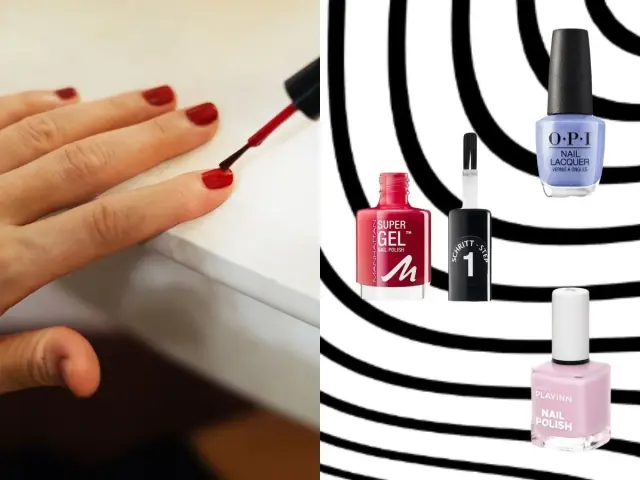 Dłoń maluje paznokcie na czerwono. Obok buteleczki lakierów: Manhattan Super Gel, OPI i Inglot Playinn. Szukasz lakieru do paznokci trwałego jak hybryda?
