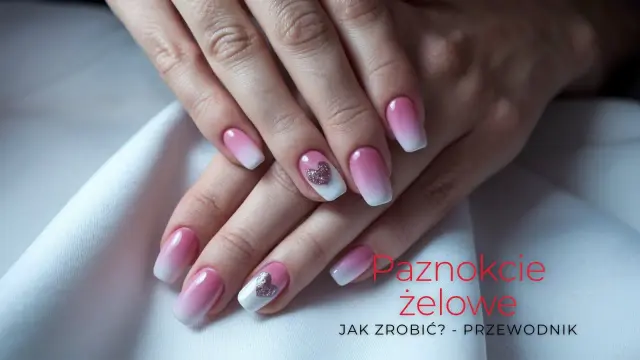 Dłonie z paznokciami żelowymi w stylu ombre, z błyszczącymi serduszkami. To jedne z najmodniejszych kolorów paznokci żelowych.